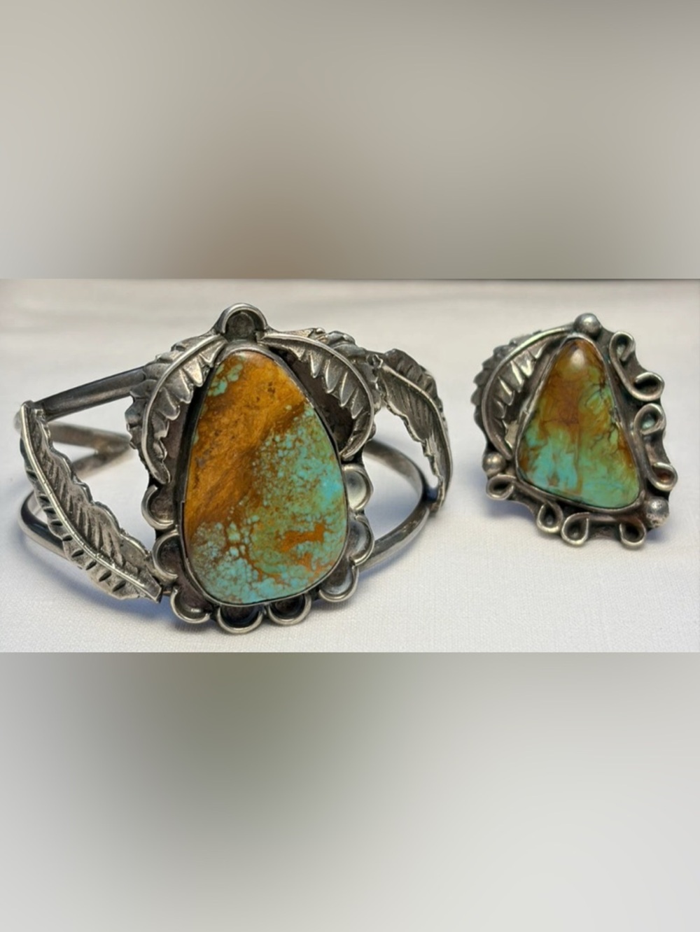 Navajo Old Pawn Turquoise Cuff Bracelet Matching Ring 40 grams